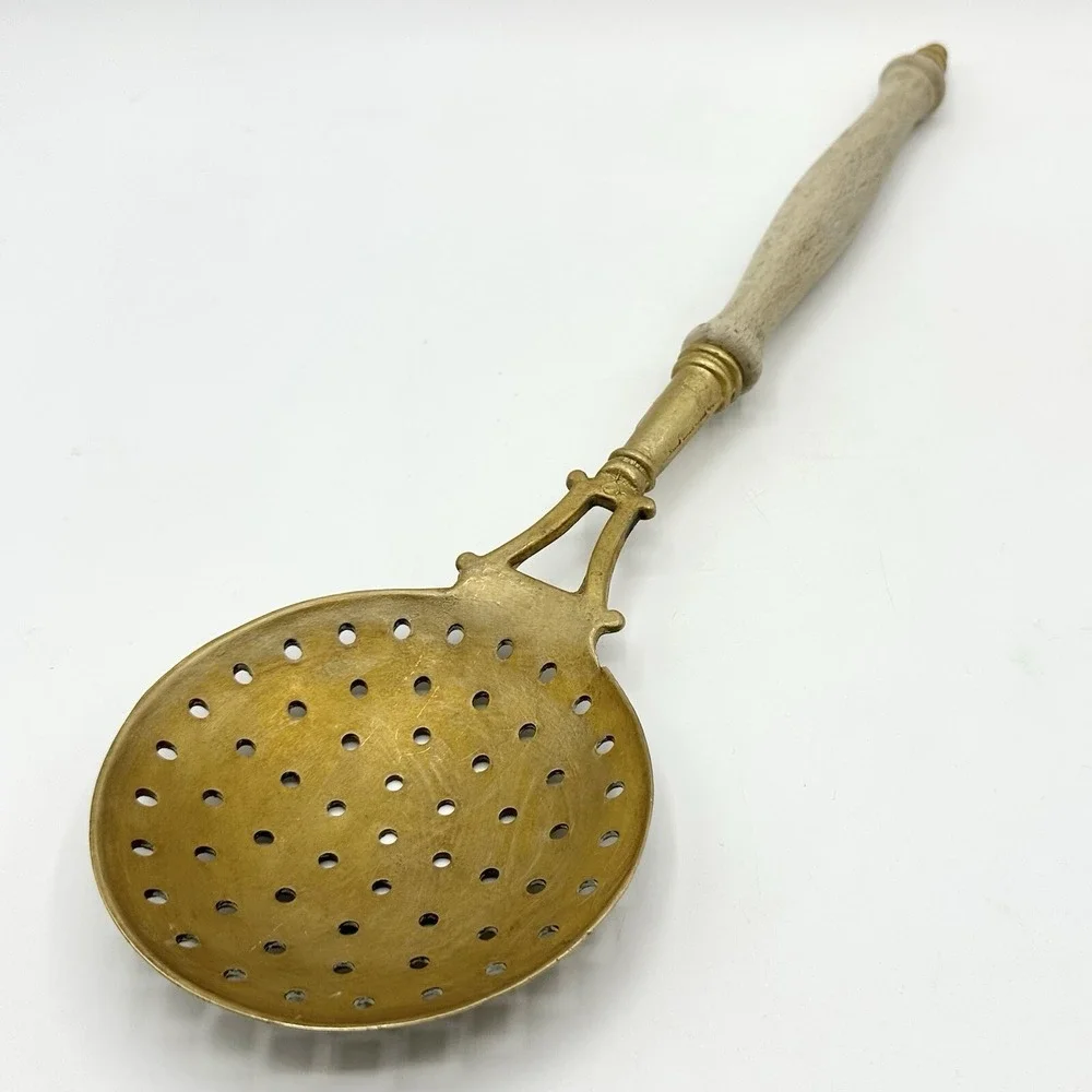 Vintage Metal Skimmer Slotted Spoon Ladle Utensil Wood Handle
